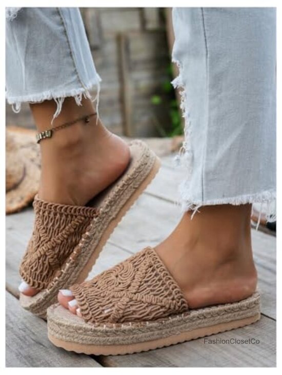 Women\'s Bohemian Braided Crochet Platform Wedge Slide Sandals Vacation Beach